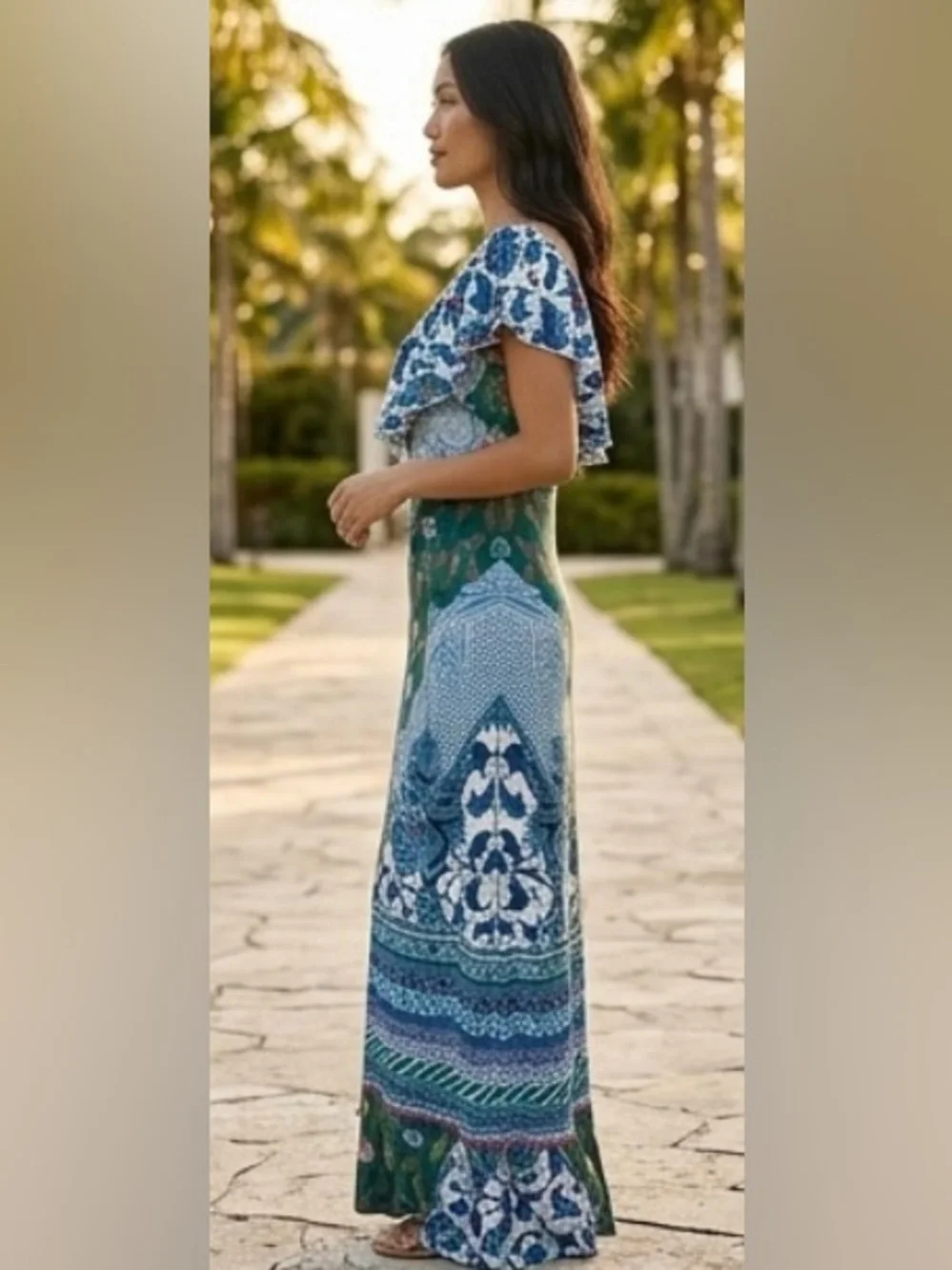 Hale Bob Floral Resort Maxi Dress XS Blue Green Ruffle Neck EUC